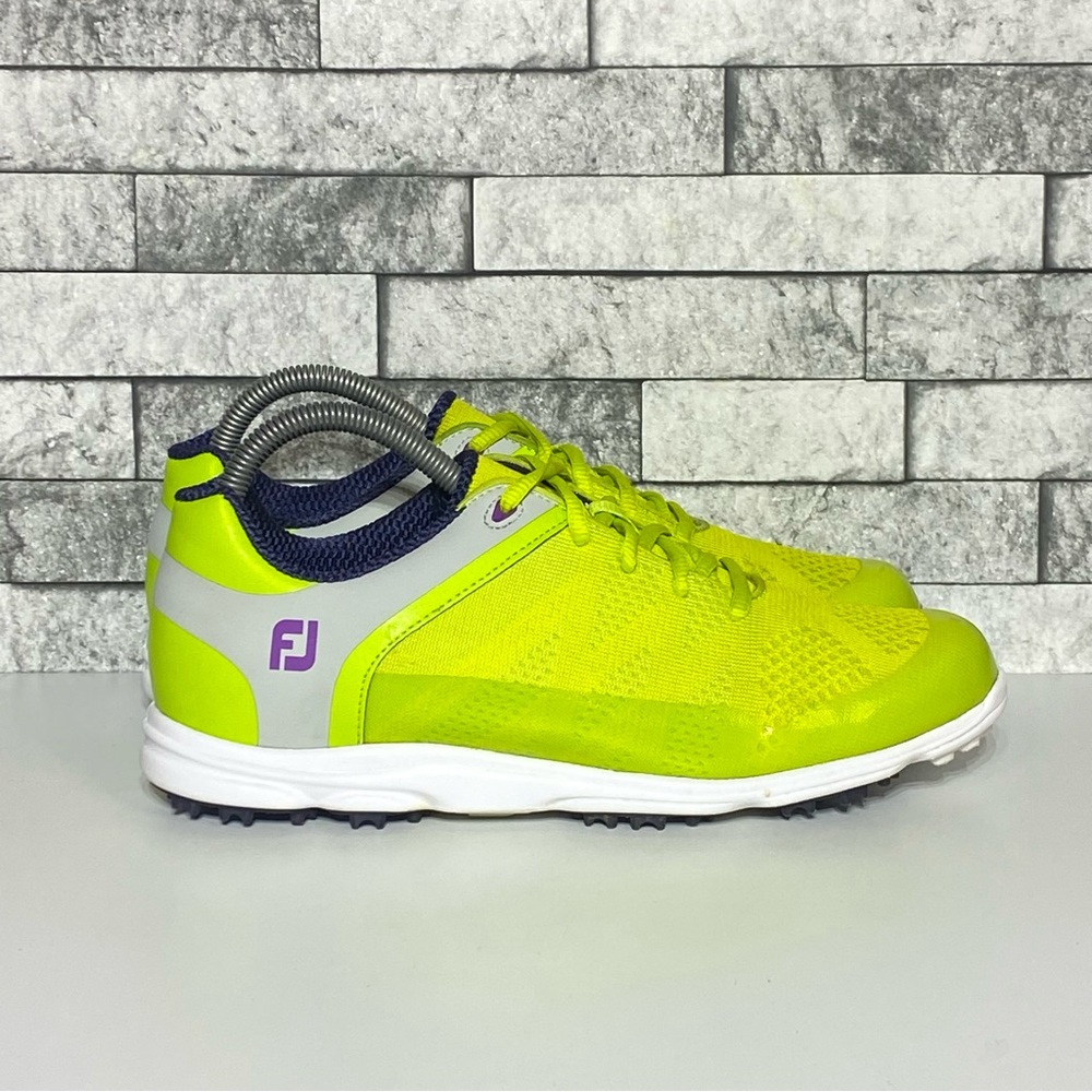 FootJoy Women's Neon Yellow Athletic Golf Shoe with Purple Logo